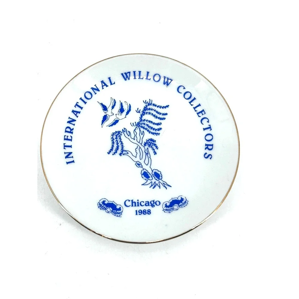 International Willow Collectors Chicago 1988 Blue White Trinket Dish 4 Inch